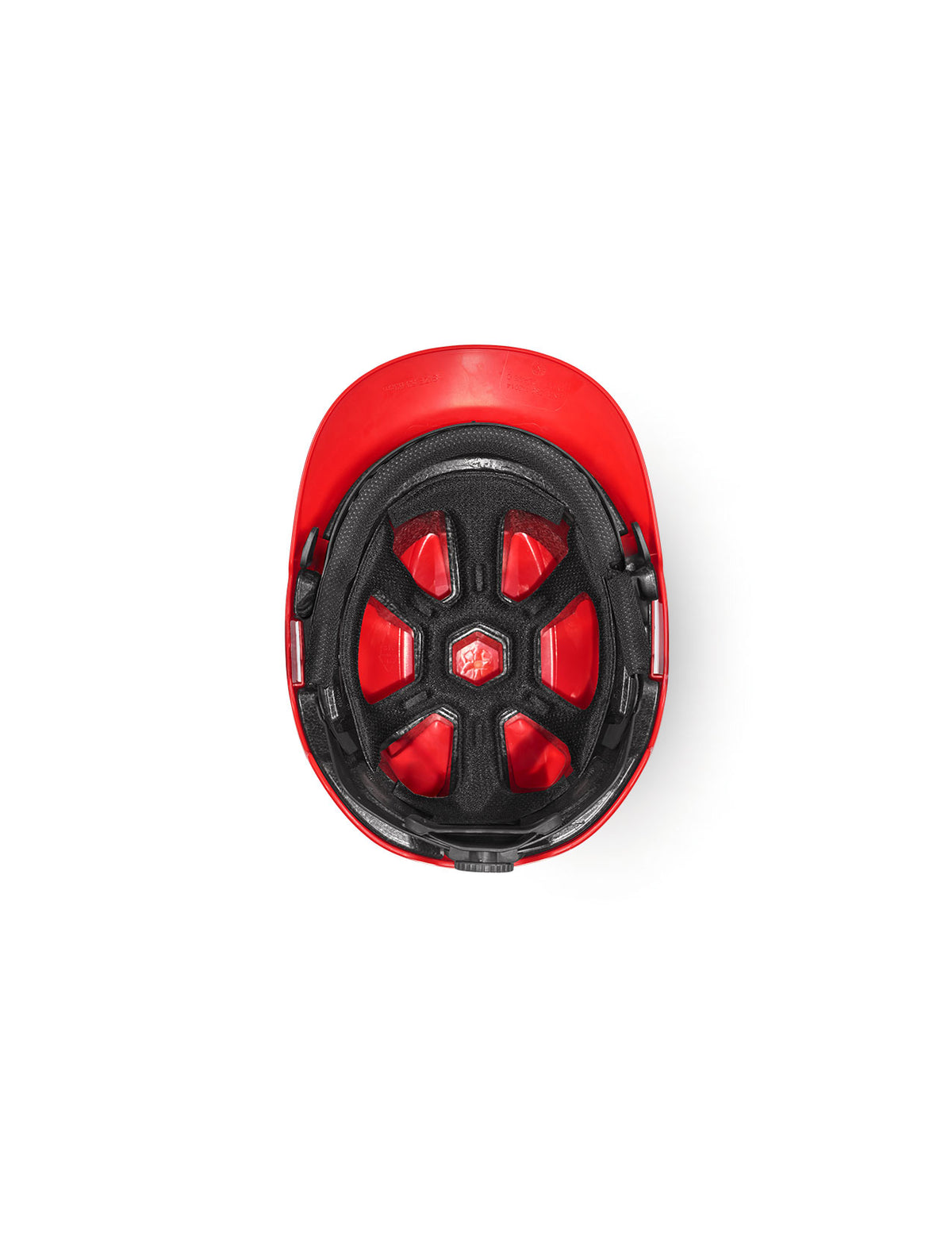 Top view of the STRAUSS Baseball Style Hard Hat in red, showcasing its adjustable design with visible black interior padding and a suspension system for enhanced impact protection, extended neck shell, isolated on a white background.