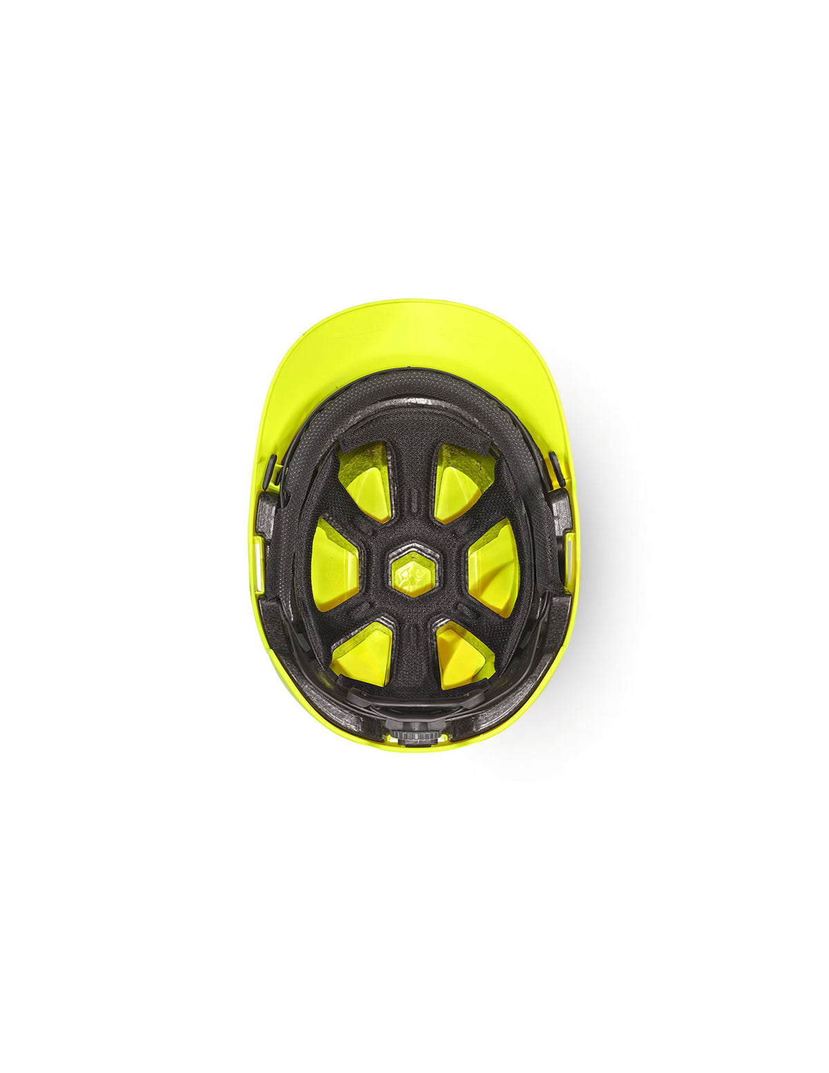 A top-down view of the inside of the STRAUSS Baseball Style Hard Hat in yellow, featuring black inner padding and adjustable straps for optimal impact protection, shown against a white background.