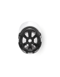 Top view of a white STRAUSS Baseball Style Hard Hat featuring an extended neck shell for added impact protection, showing the black interior padding and ventilation channels, positioned against a plain white background.