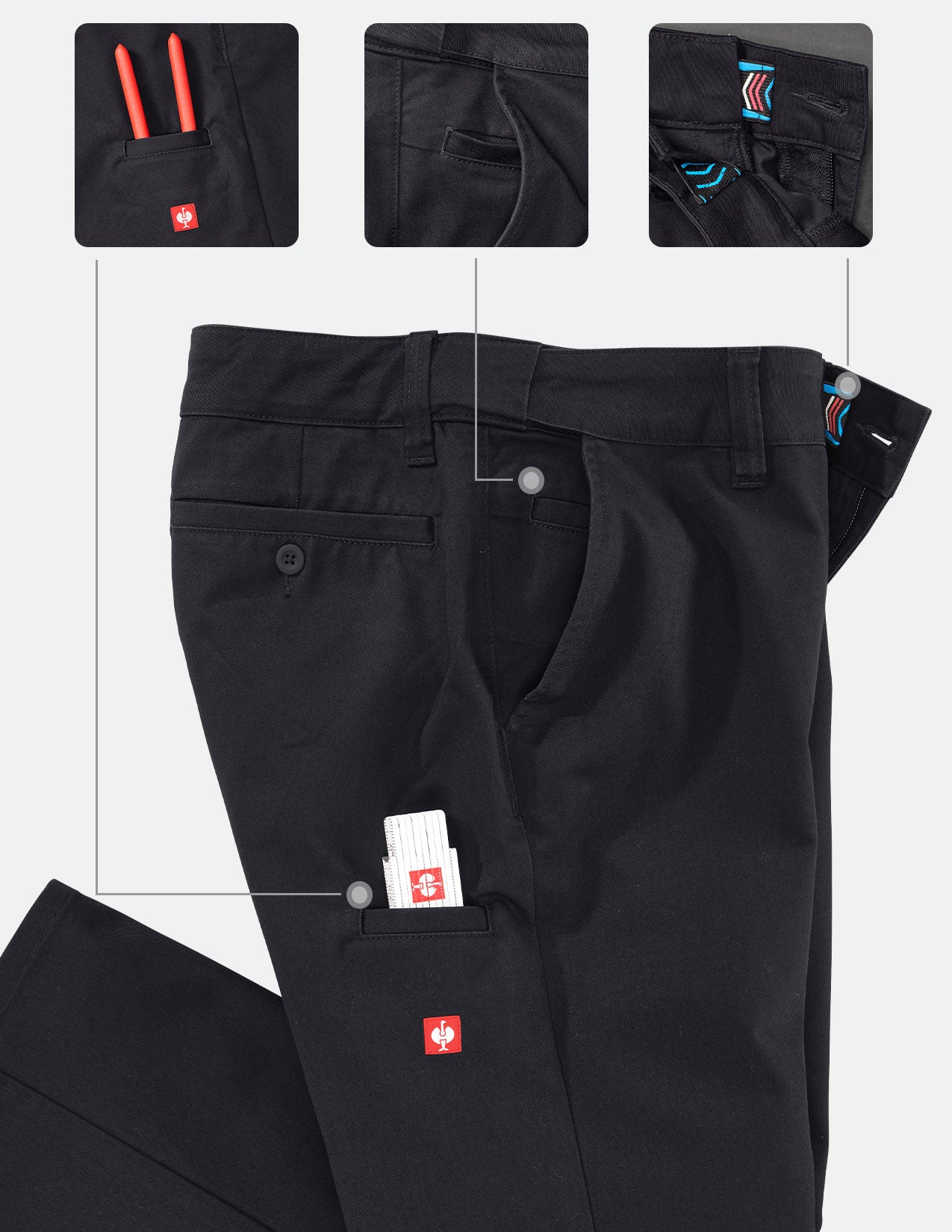 Black pants with multiple pockets and brand logos on a white background