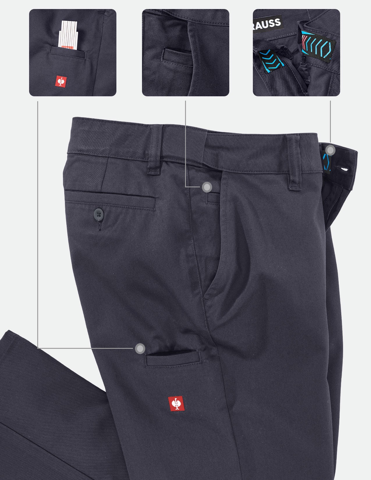 Dark blue pants with brand logo and feature shots on a light gray background