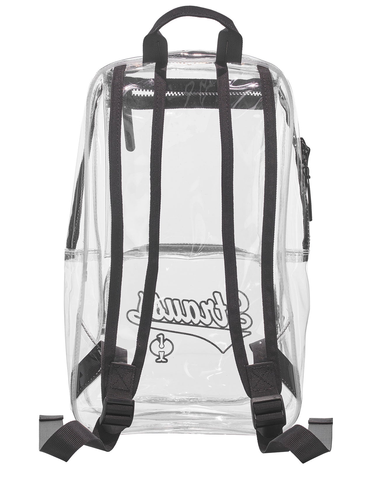 Clear backpack with black straps on a white background.