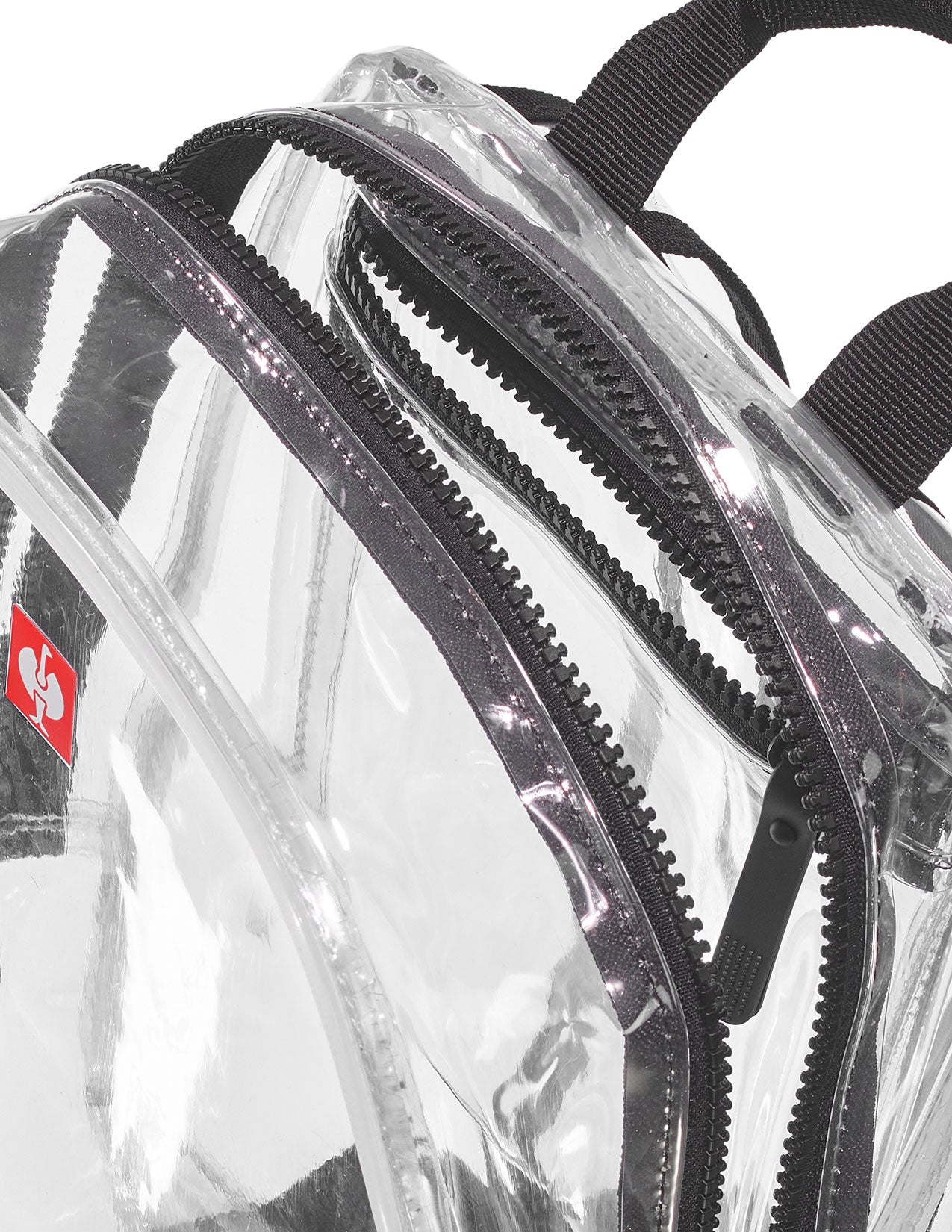 Clear backpack with black zipper and red brand logo on a white background.