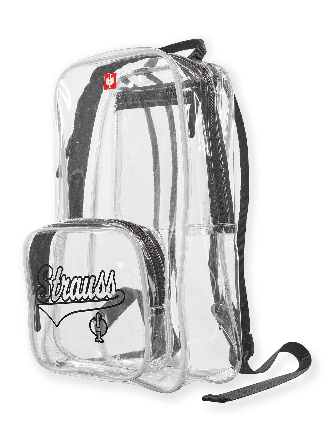 Clear backpack with a strap and visible branding on a white background.