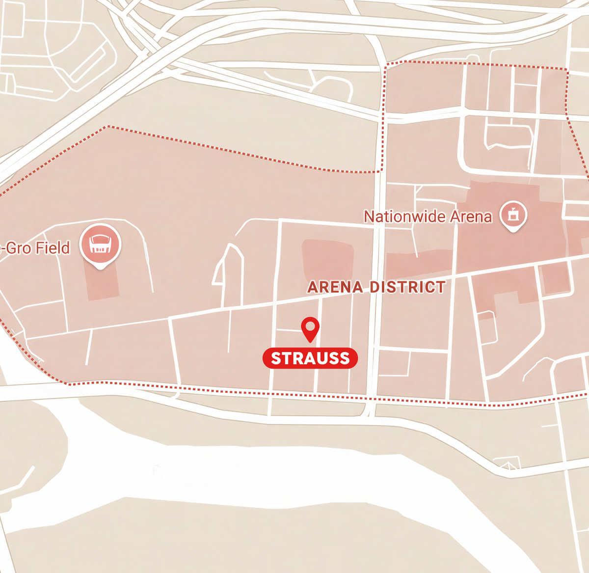 An image of a street map with the STRAUSS store pined onto it.