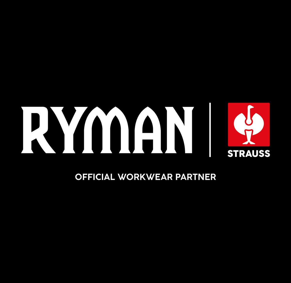 RYMAN logo next to the Strauss logo featuring a stylized red and white bird with a hammer. Below, text reads Official Workwear Partner on a black background.
