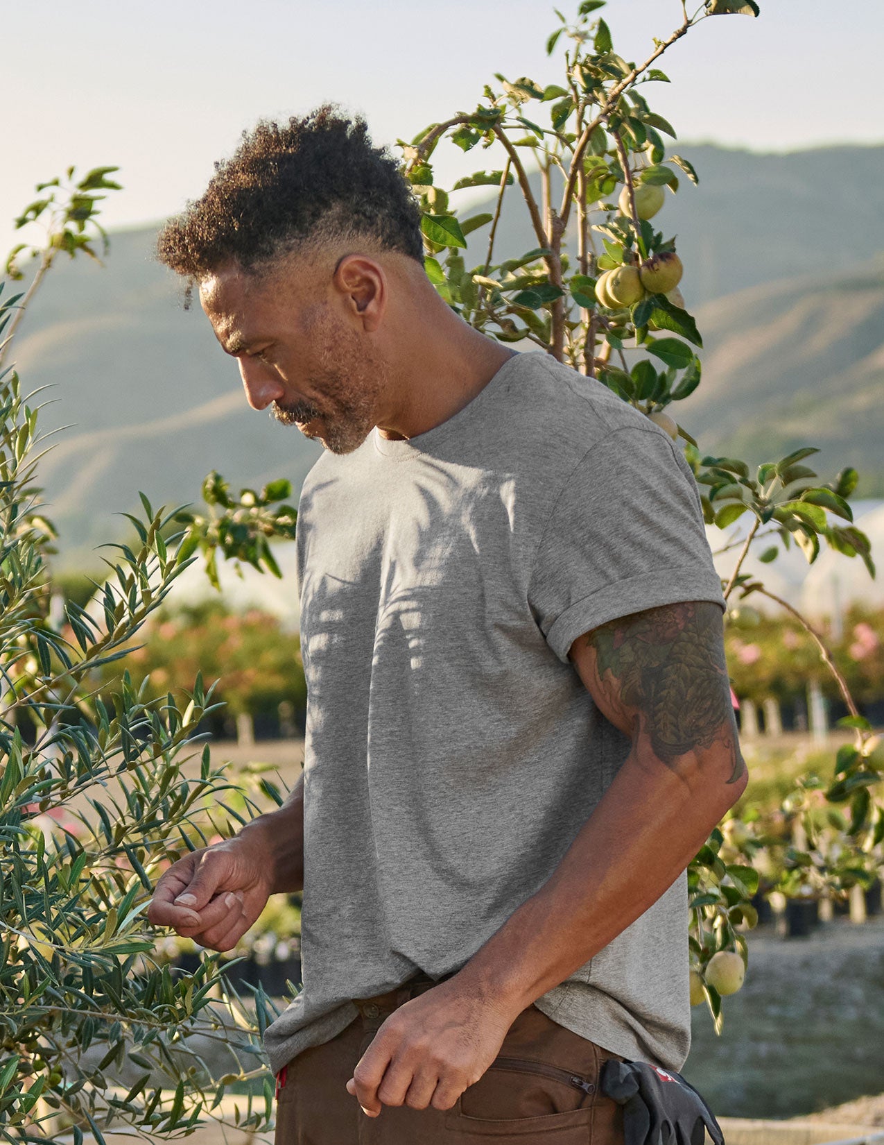 Man in a gray t-shirt standing among trees with mountains in the background.