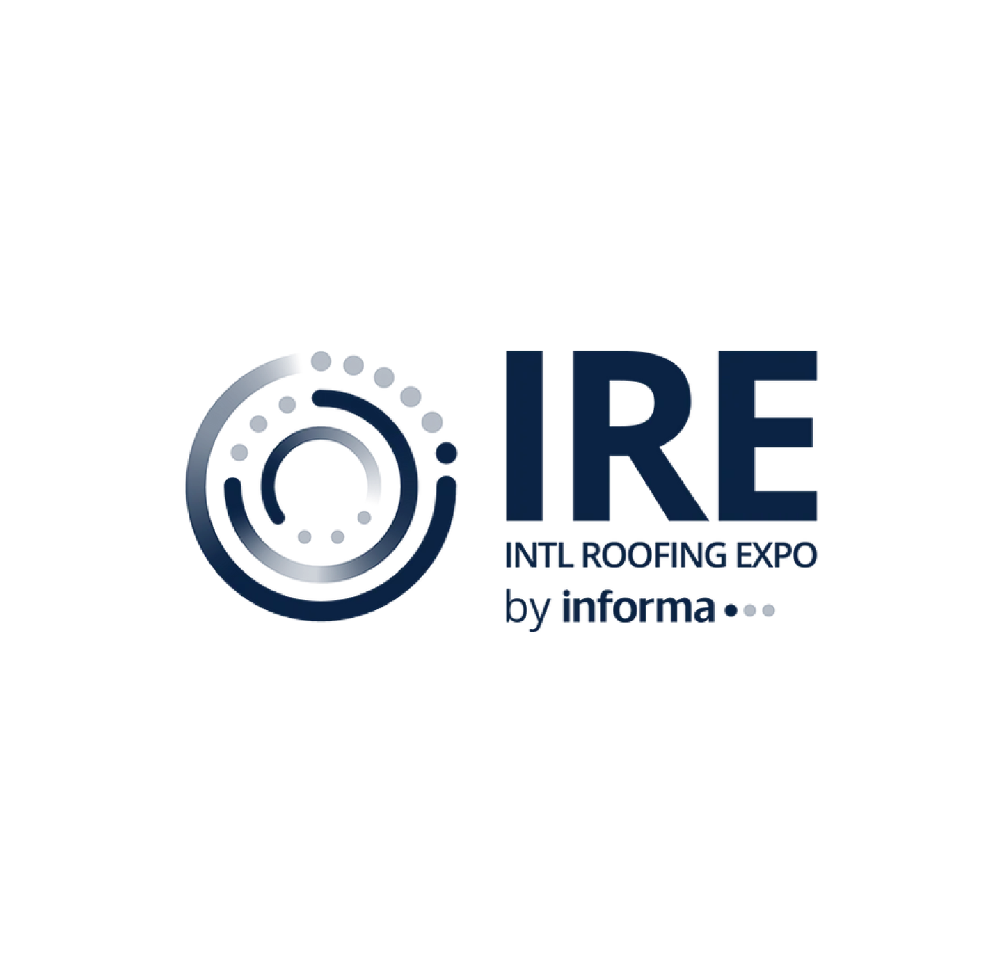 IRE logo with circular design and bold text reading IRE INTL ROOFING EXPO by informa on a white background.