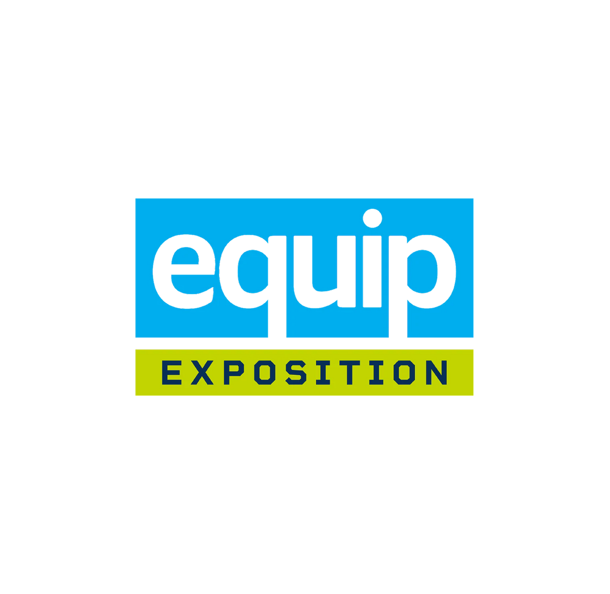The image shows the equip Exposition logo with equip in white lowercase letters on a blue background, and EXPOSITION in uppercase dark blue letters on a lime green background below.