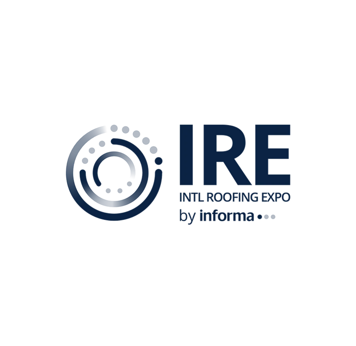 Logo of IRE, International Roofing Expo by Informa, featuring circular dot graphics on the left and the event name in blue text on the right.