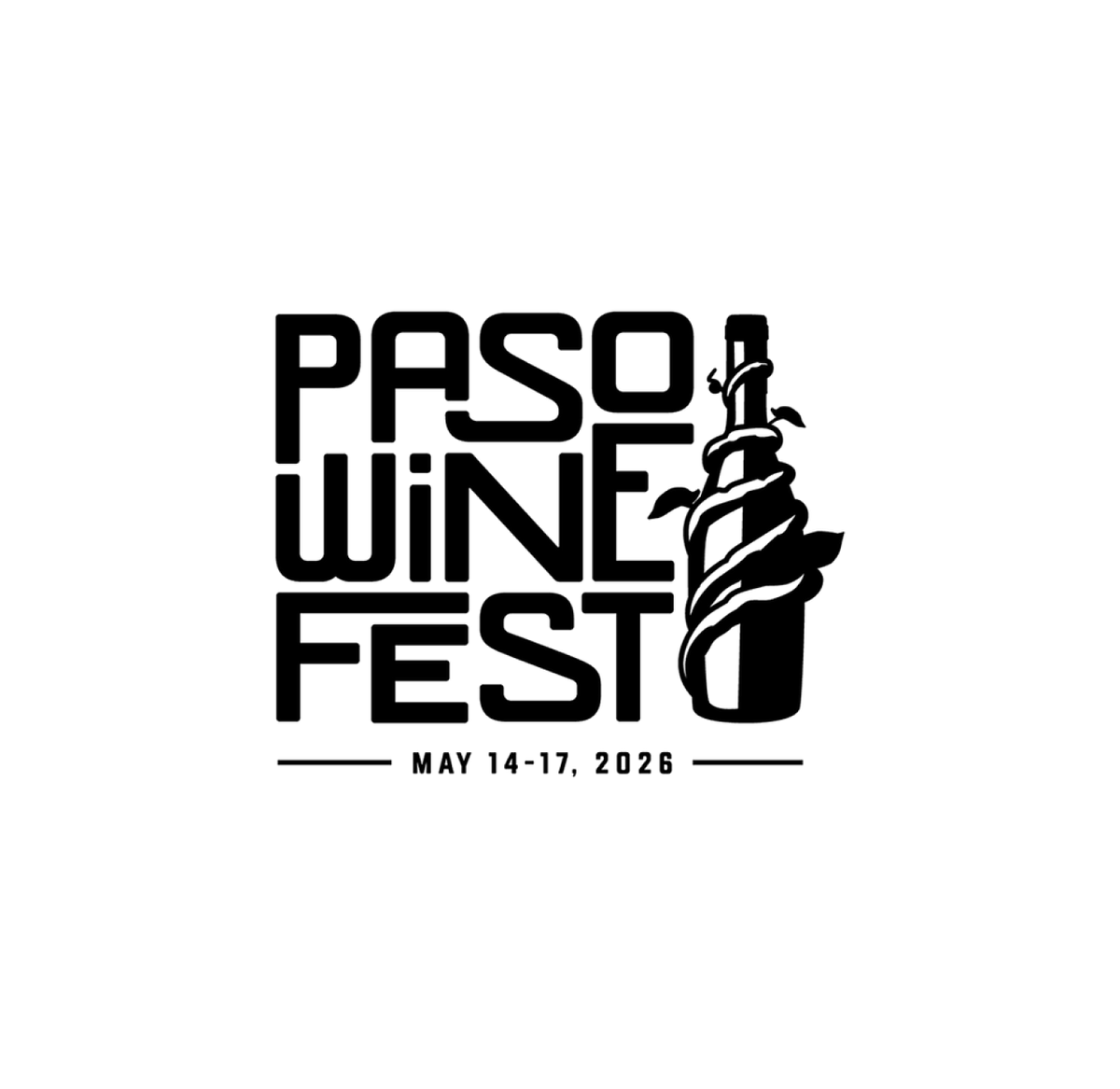 Logo for Paso Wine Fest featuring a wine bottle wrapped in a ribbon, with event dates May 14–17, 2026, displayed below the festival name. The design is in black on a light background.
