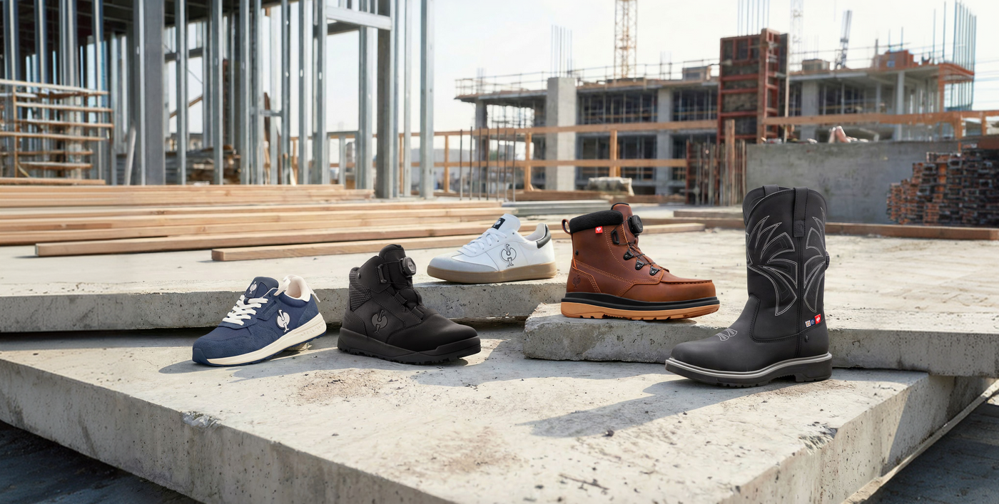many work shoes and boots in front of a construction site