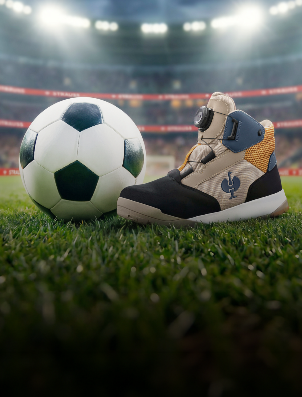 A safety boot in beige, navy, and gray stands on a green stadium field next to a classic black-and-white soccer ball under bright stadium lights.