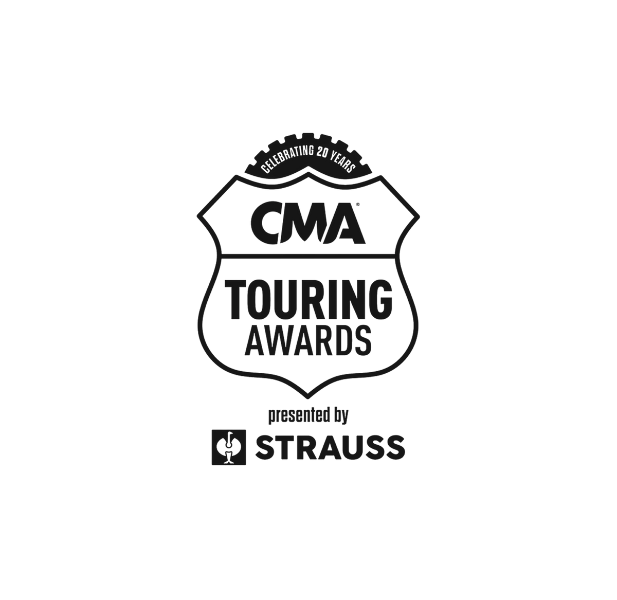 Black and white badge logo reading CMA Touring Awards with Celebrating 20 years at the top and presented by Strauss with a rooster icon below.
