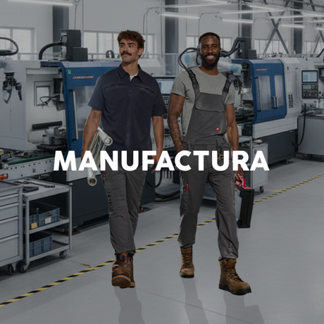 Two workers in a factory setting with machinery and the word 'MANUFACTURA' displayed.