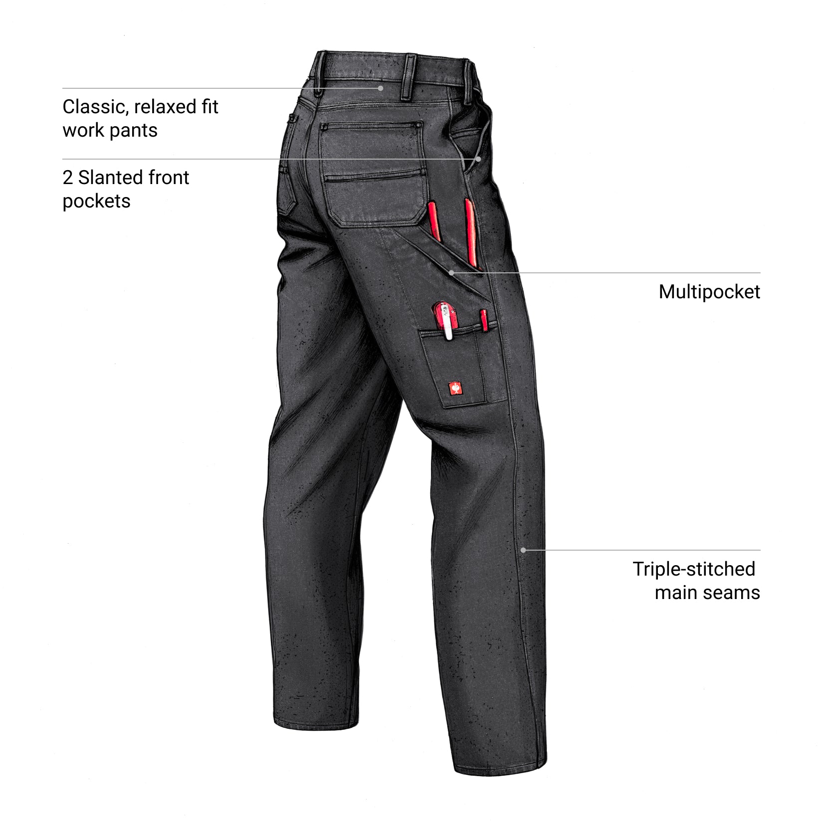Black work pants with features highlighted on a white background