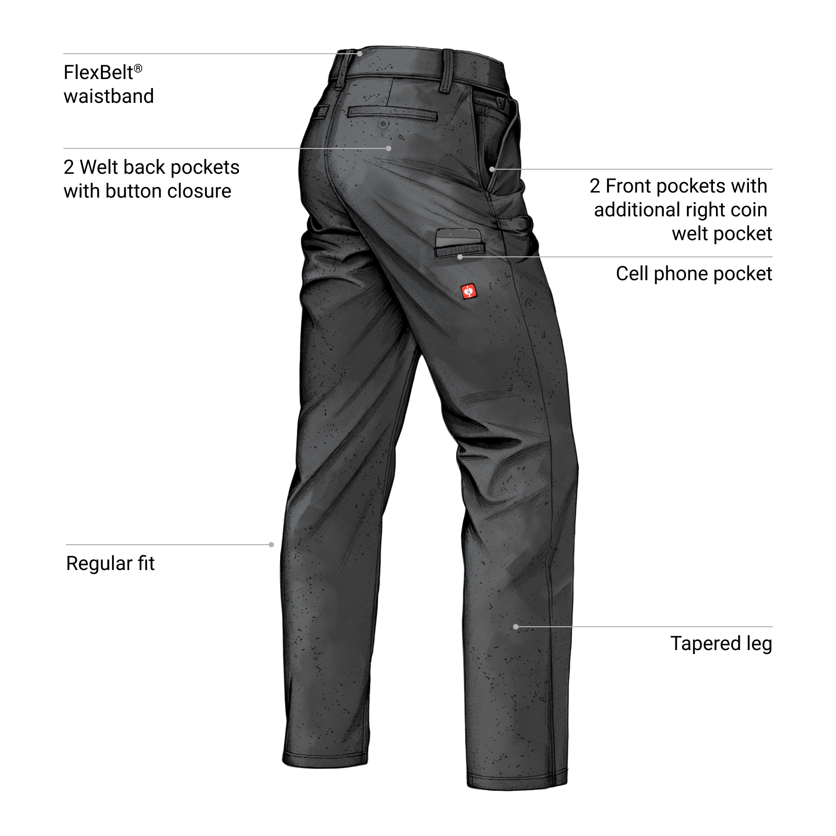 Black pants with labeled features on a white background