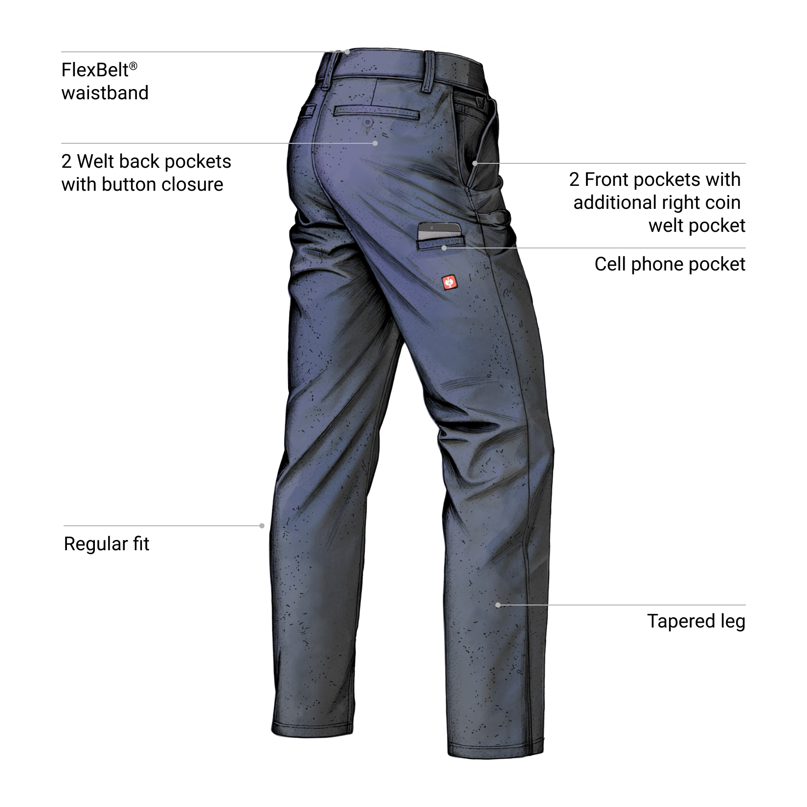 Gray pants with labeled features on a white background