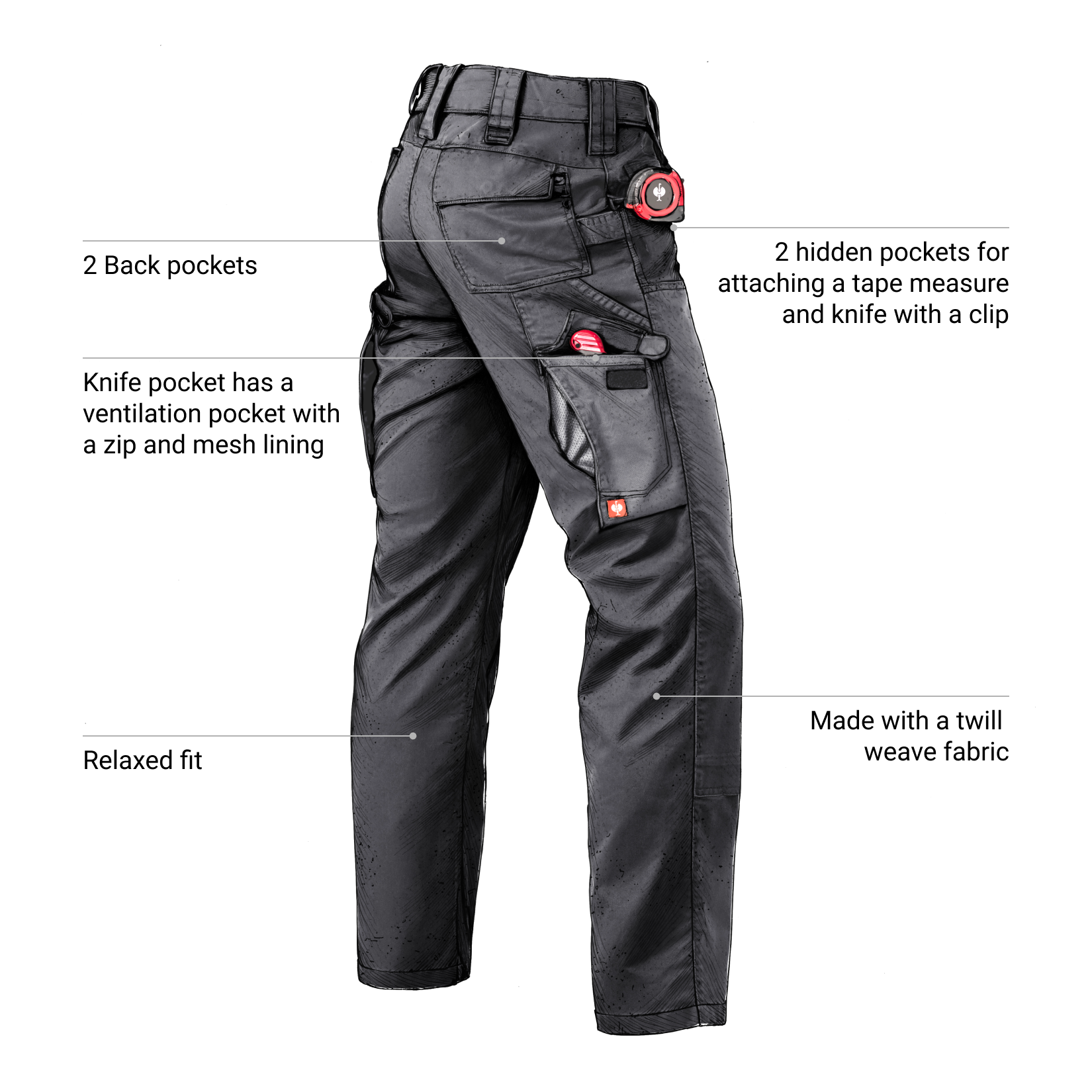Black tactical pants with feature labels on a white background