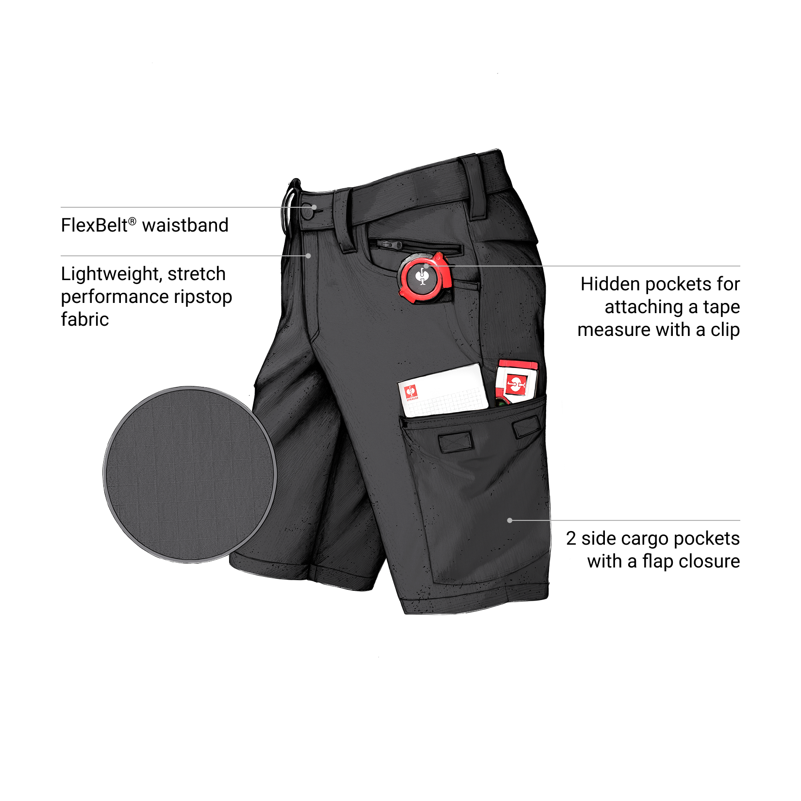 Black work shorts with features highlighted on a white background