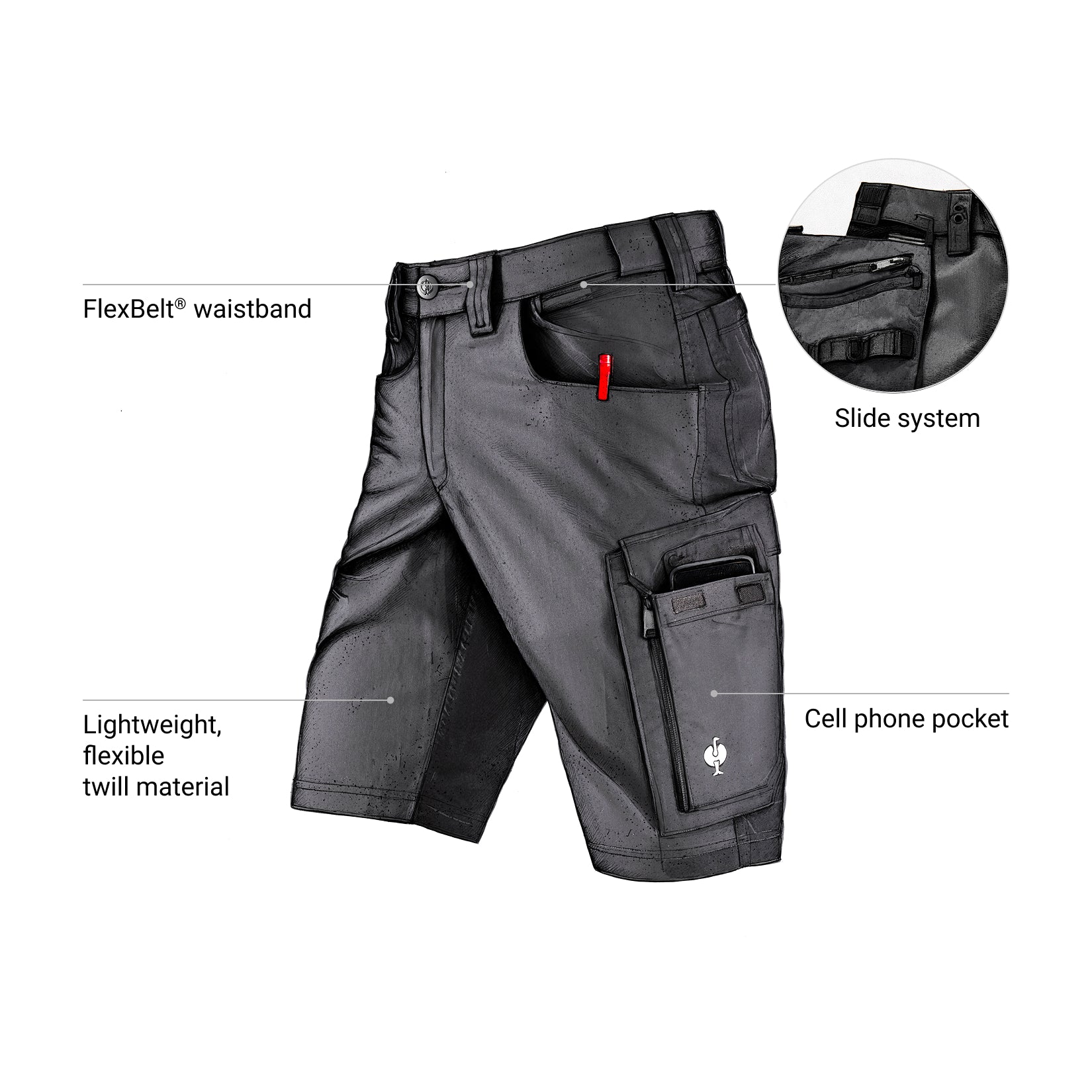 Gray tactical shorts with features labeled on a white background