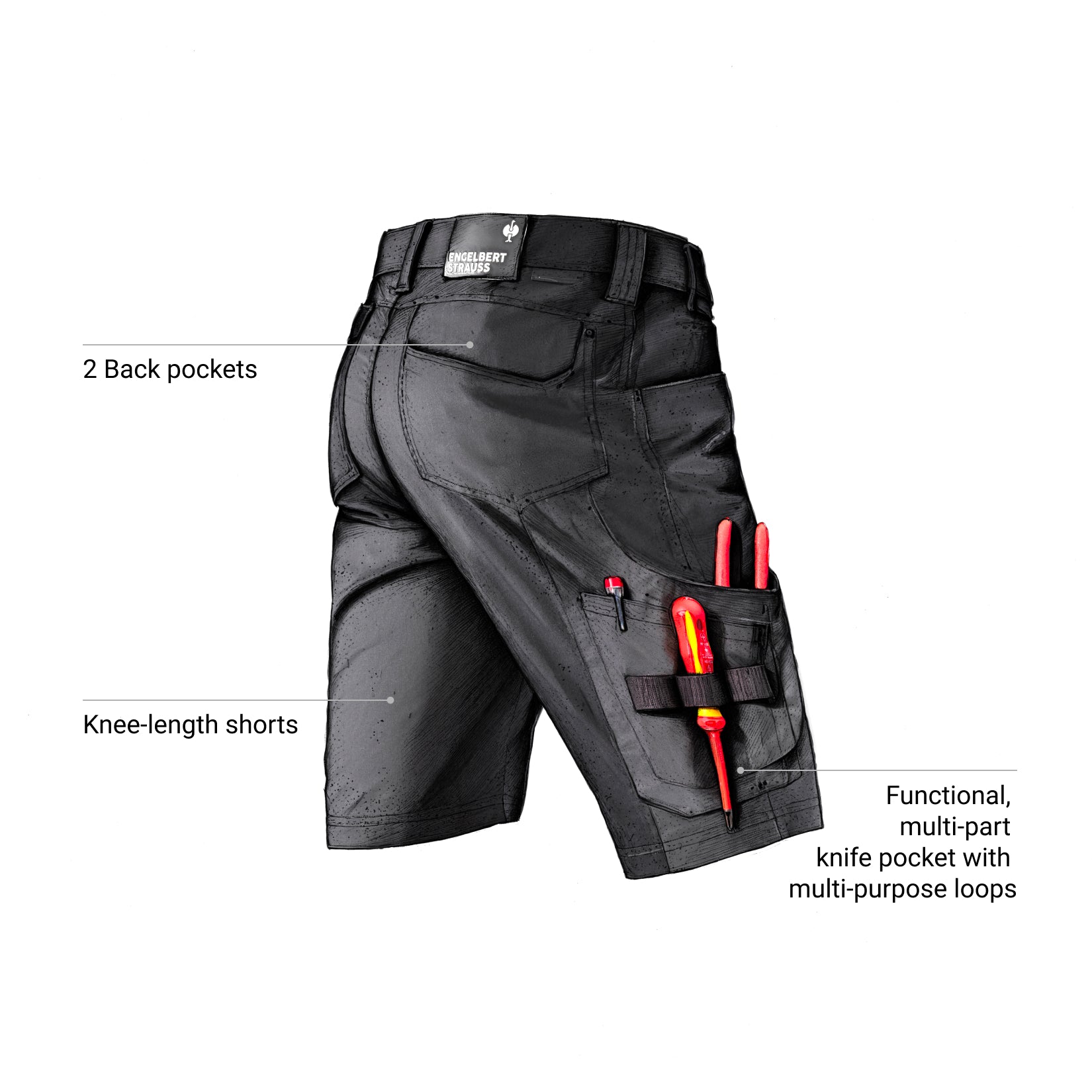 Black knee-length shorts with tool belt and knife pocket on a white background