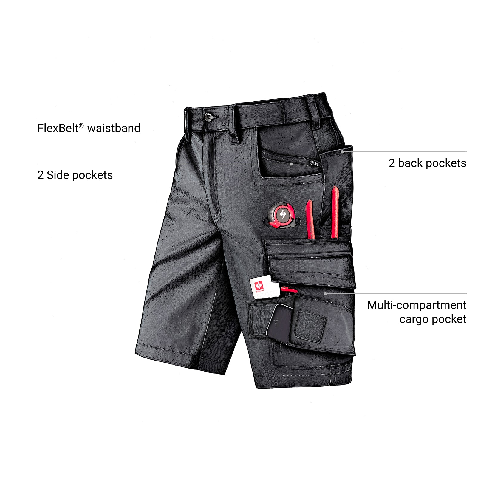 Black work shorts with labeled features on a white background