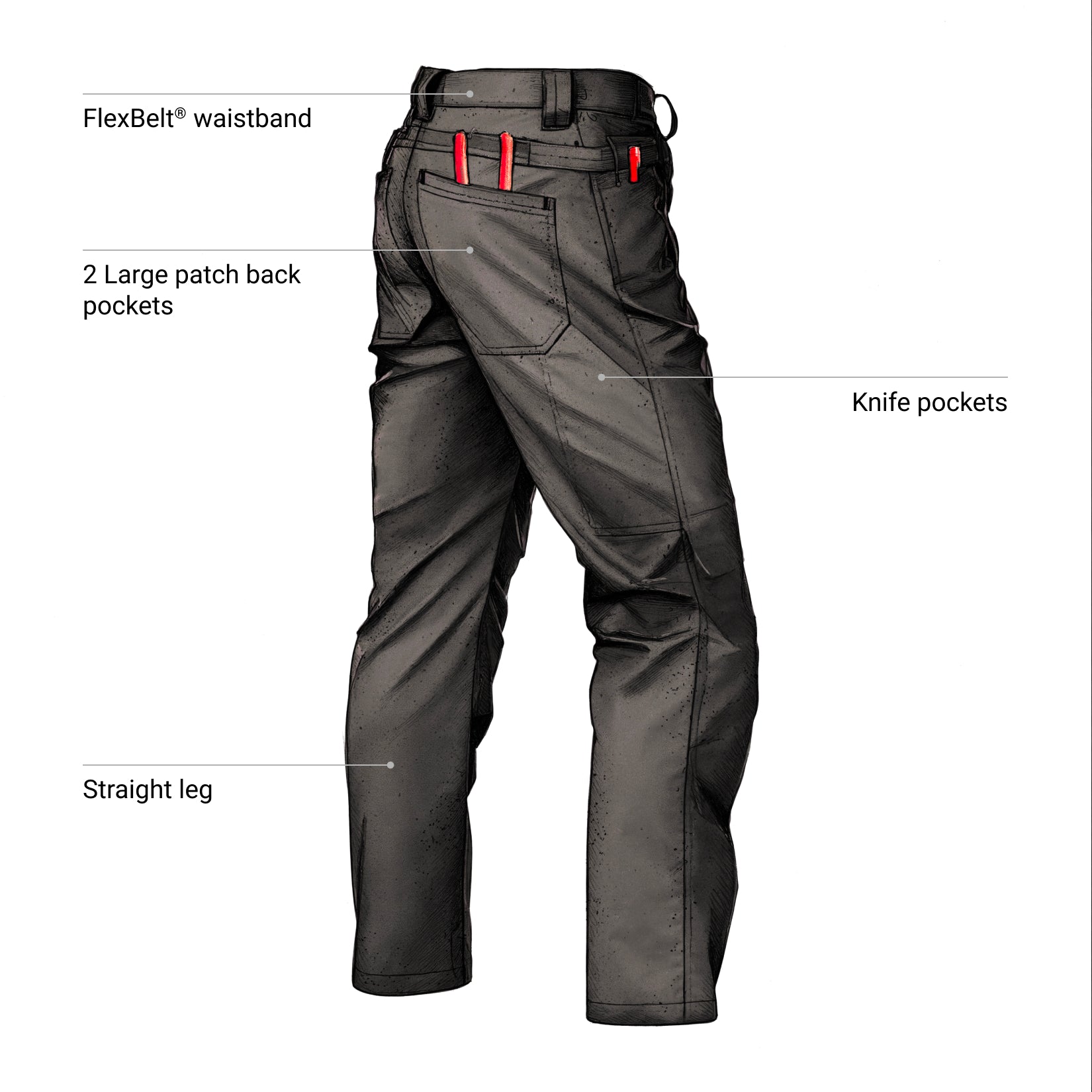 Gray tactical pants with features labeled on a white background