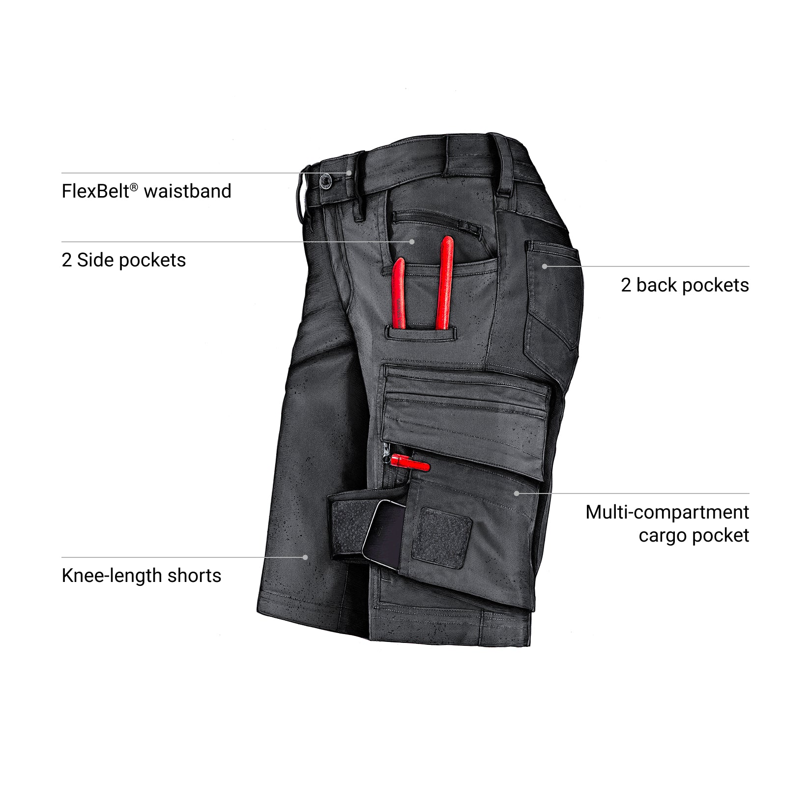 Black knee-length shorts with features labeled on a white background