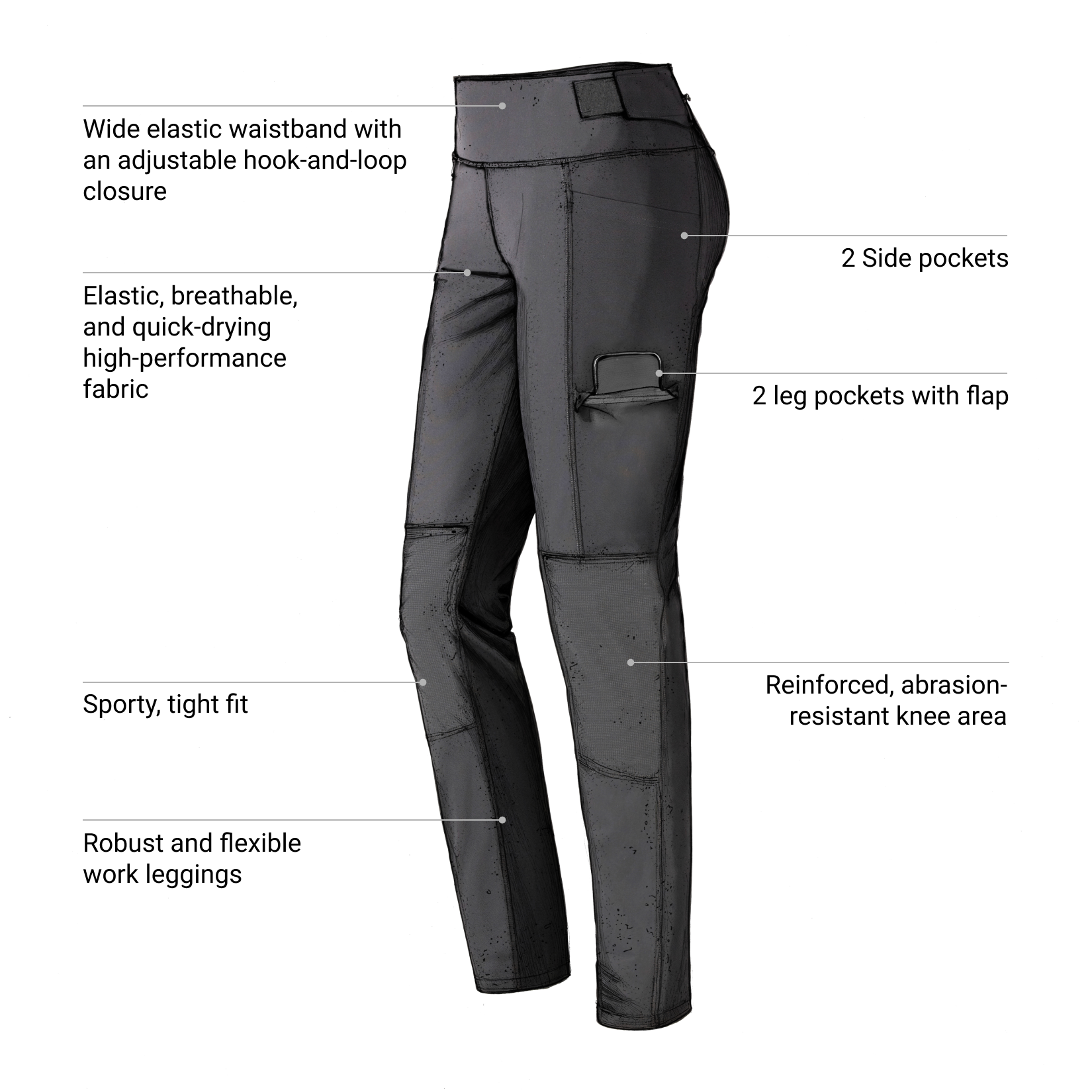 Black leggings with feature labels on a white background