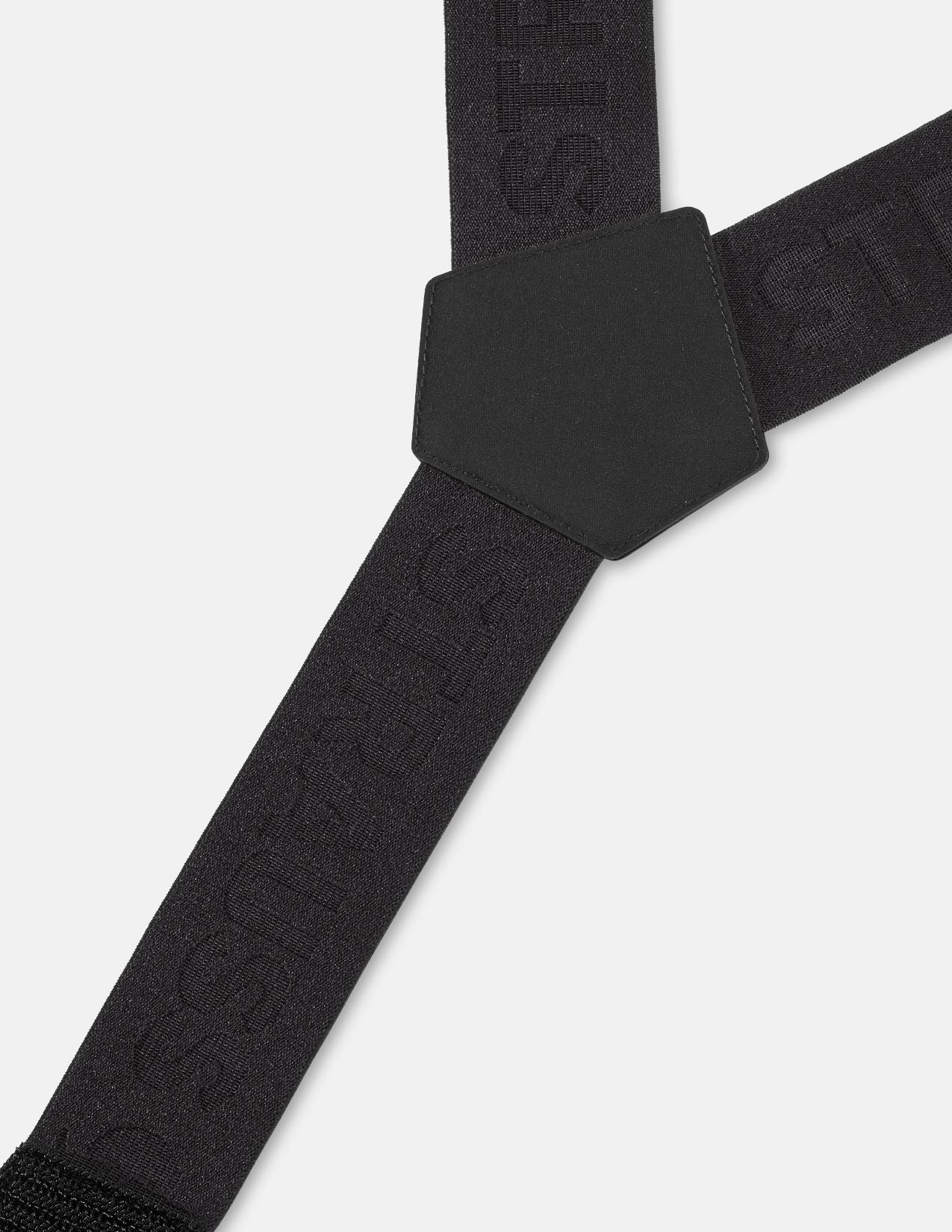 Close-up of the suspenders. The word "Strauss" is written on the straps.