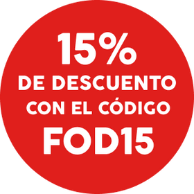 A circular red promotional badge with white Spanish text reading '15% DE DESCUENTO CON EL CÓDIGO FOD15'.
