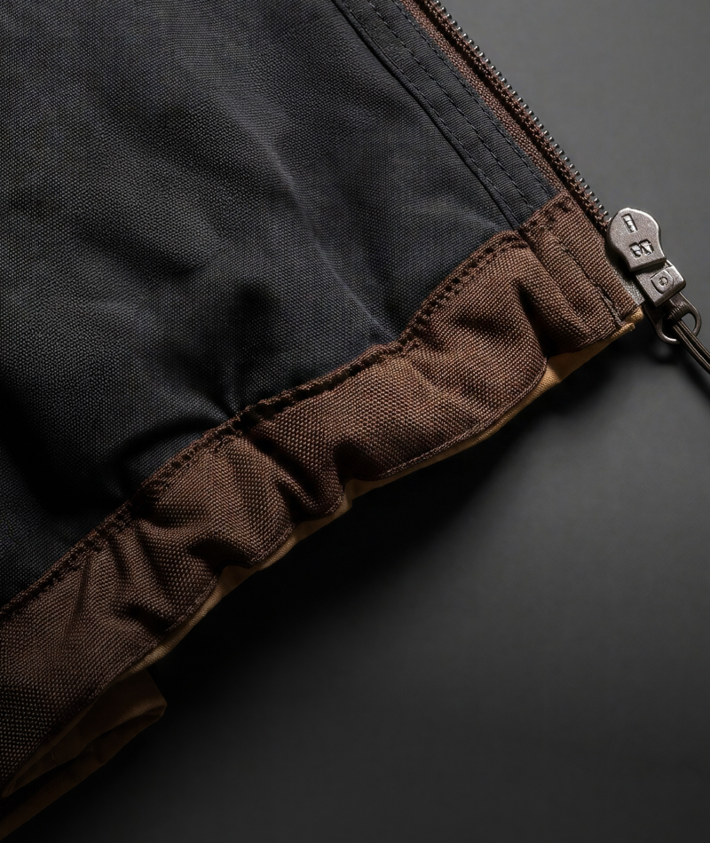 Close-up detail of a dark brown and black jacket corner, showing a ruffled brown fabric cuff, stitched seam, and a silver metal zipper pull on a dark background.