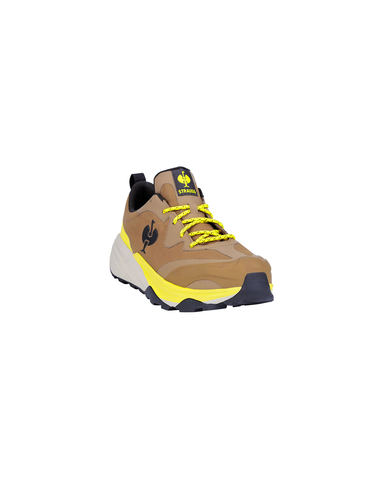 Brown and yellow sneaker with the brand logo on a white background