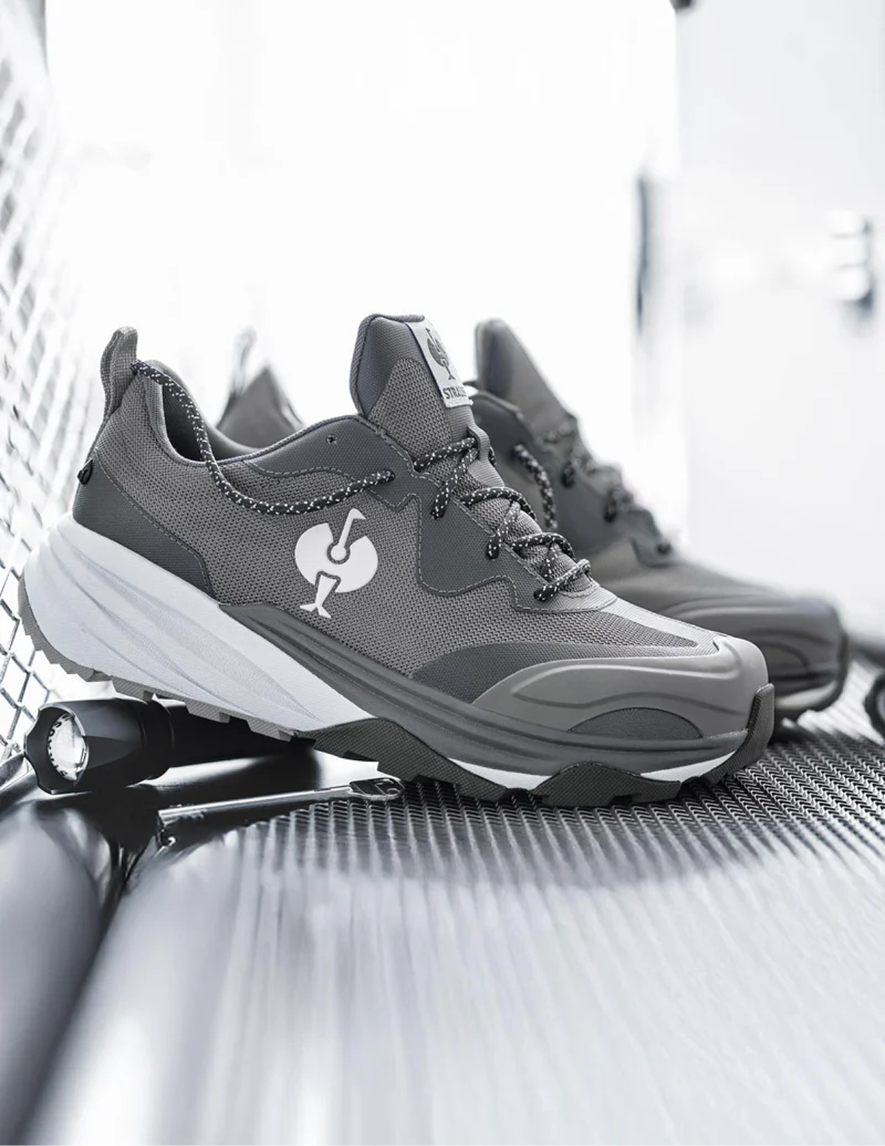 Gray shoes with the logo on a metallic surface