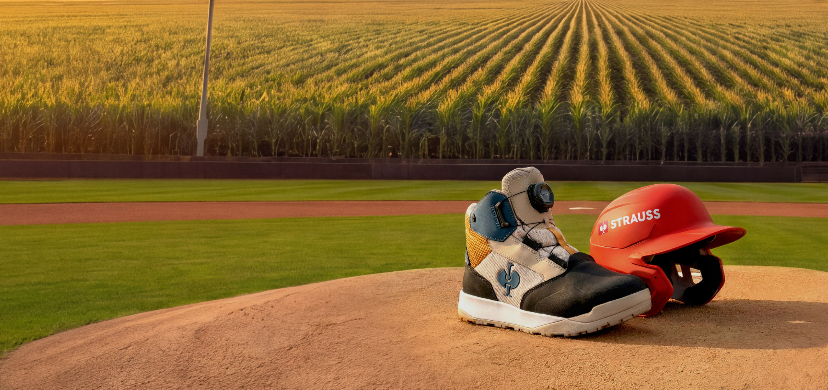 A safety toe work boot in white, black, and blue with a BOA closure, and a red baseball helmet with 'STRAUSS' branding, displayed on a baseball field pitcher's mound with a cornfield in the background. 