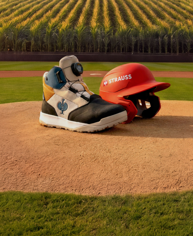 A safety toe work boot in white, black, and blue with a BOA closure, and a red baseball helmet with 'STRAUSS' branding, displayed on a baseball field pitcher's mound with a cornfield in the background. 