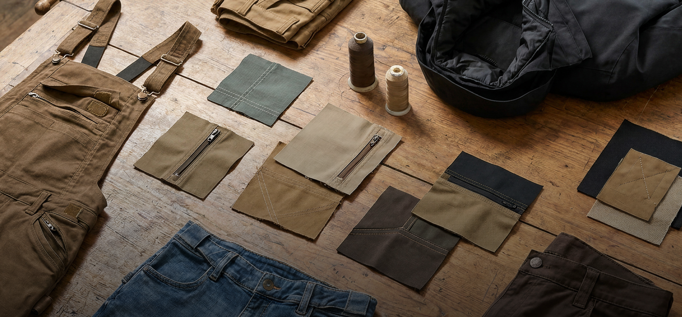 Various pieces of clothing and gear laid out on a wooden floor