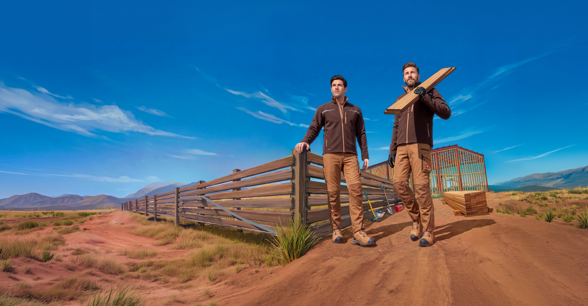 Two men wearing matching brown and beige STRAUSS workwear outdoors on a dirt site under a blue sky. One man holds a wooden board over his shoulder, and the other leans against a fence.