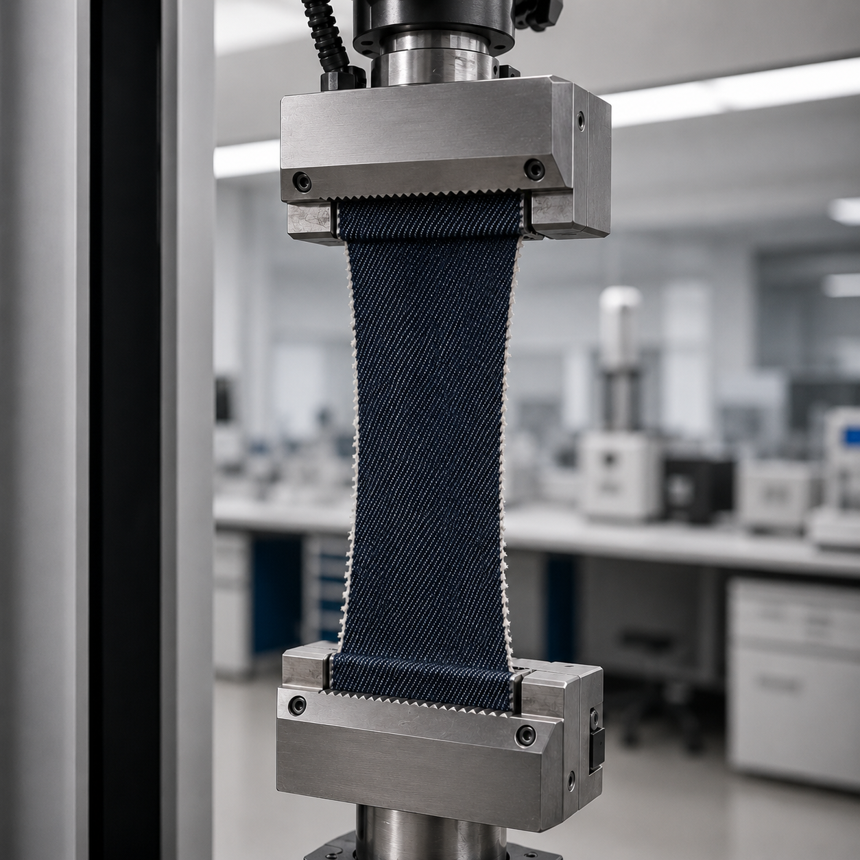 Denim in a universal testing machine for fabrics in a tensile strength test. The denim is under stress.