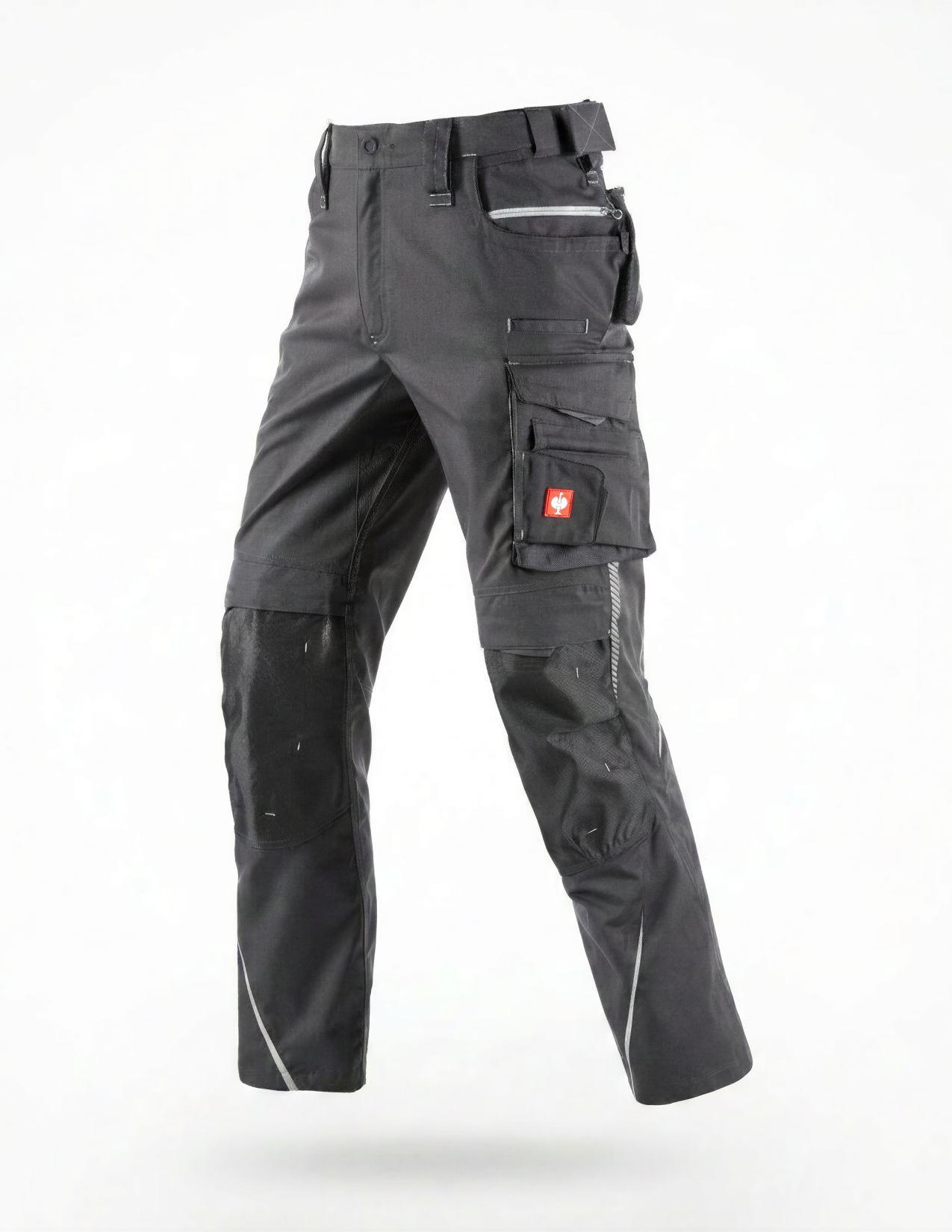 Dark gray cargo pants with multiple pockets on a white background