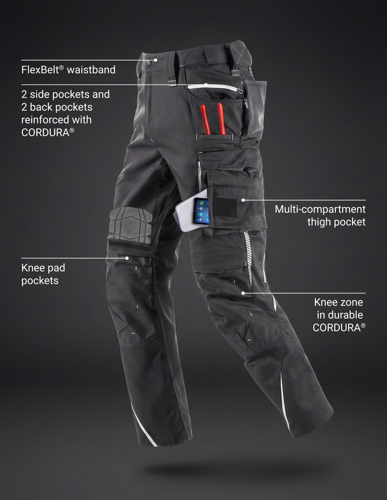 Black cargo pants with various compartments and features highlighted on a dark background