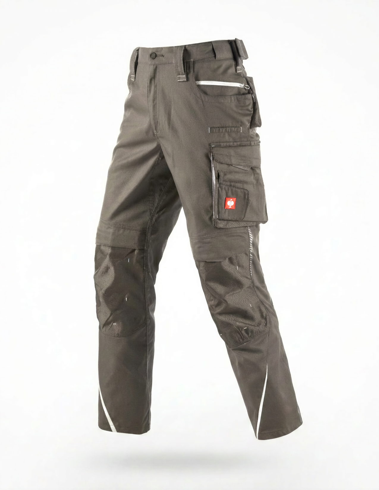 Stone colored cargo work pants with multiple pockets on a white background