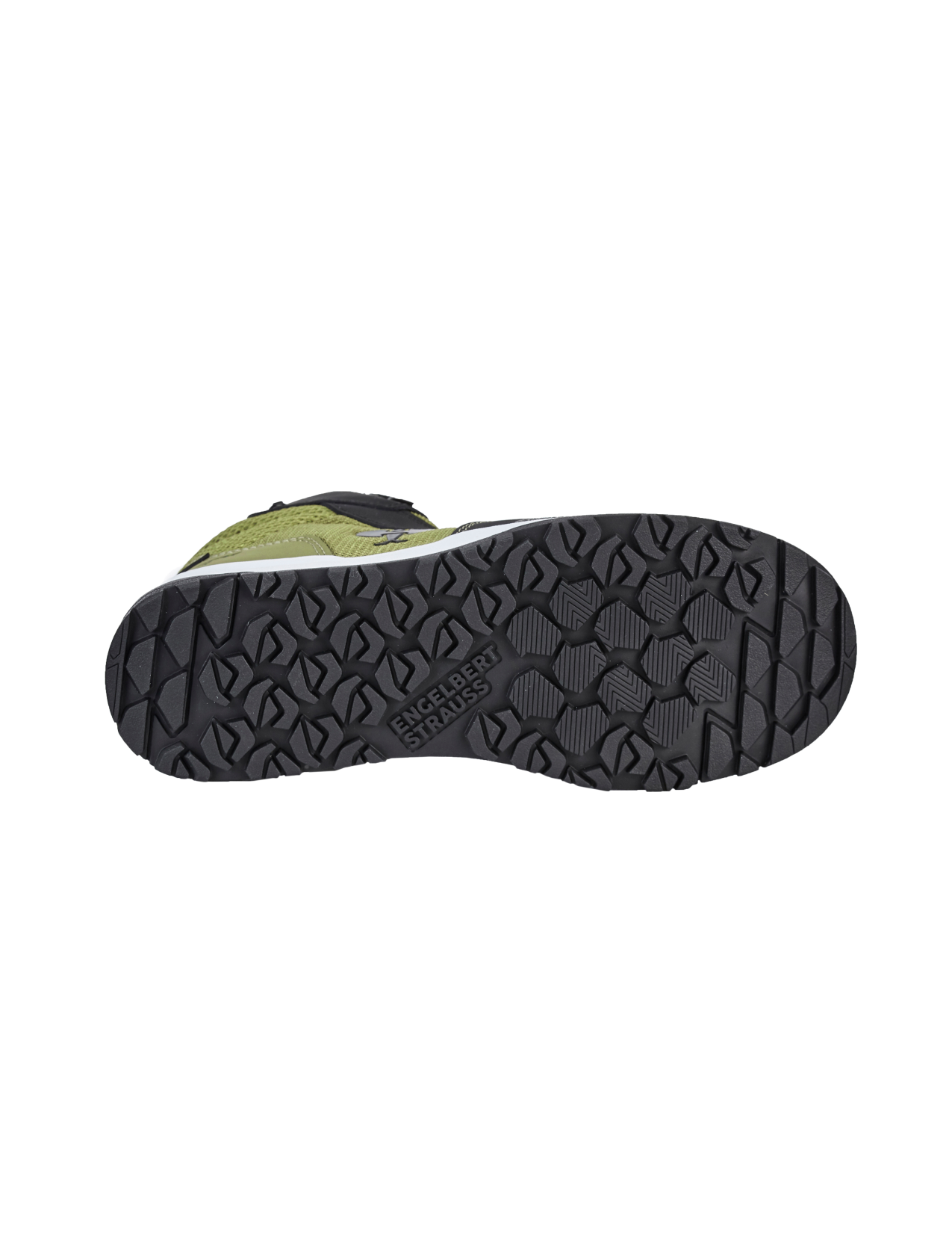 Bottom view of a green and black sneaker on a white background