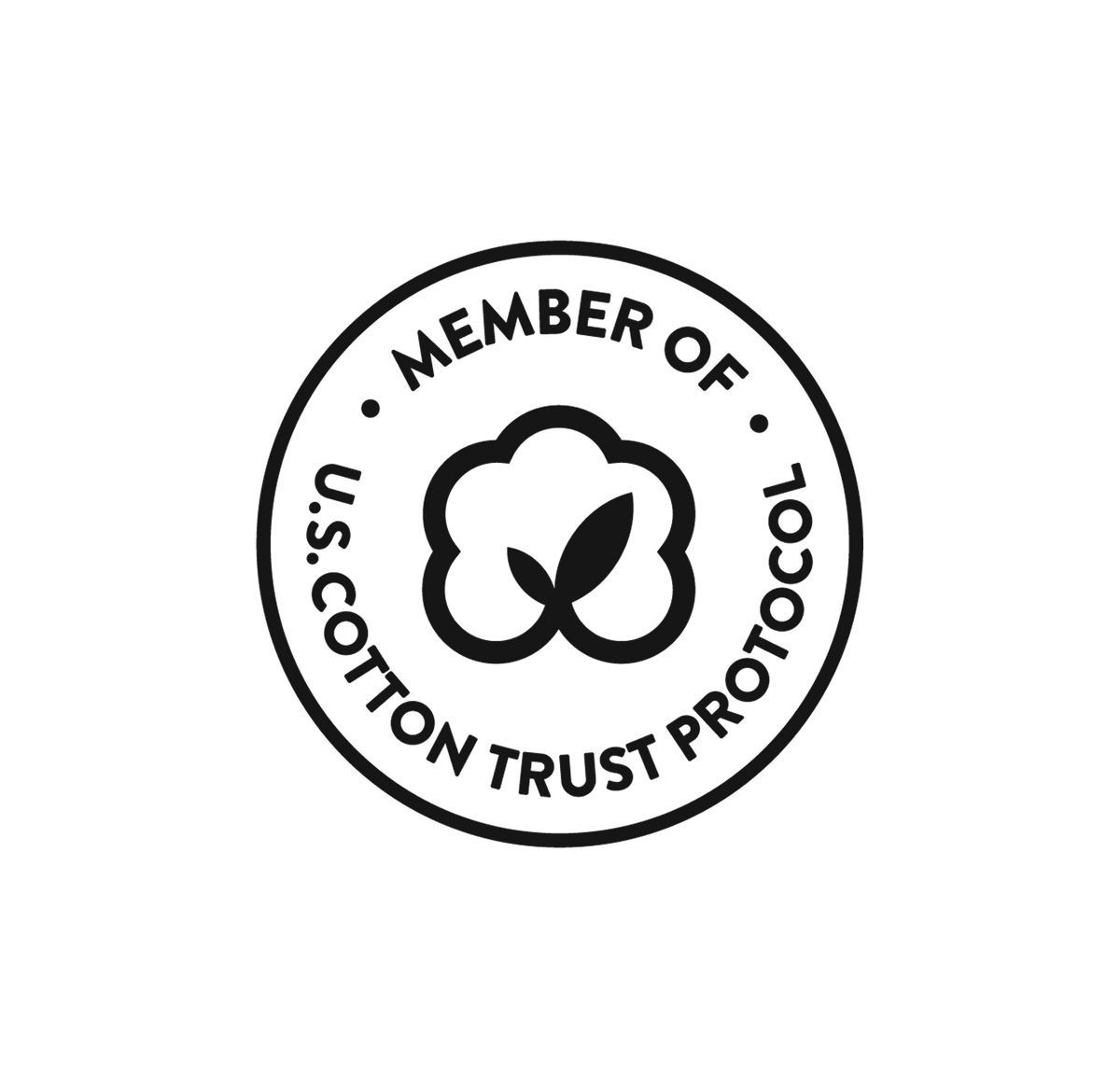Black and white circular badge reading Member of U.S. Cotton Trust Protocol around a cotton boll icon with two leaves, on a plain white background.