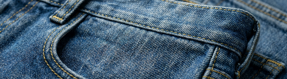 Close-up of blue denim fabric showing a front pocket with a belt loop, seams, and yellow stitching.