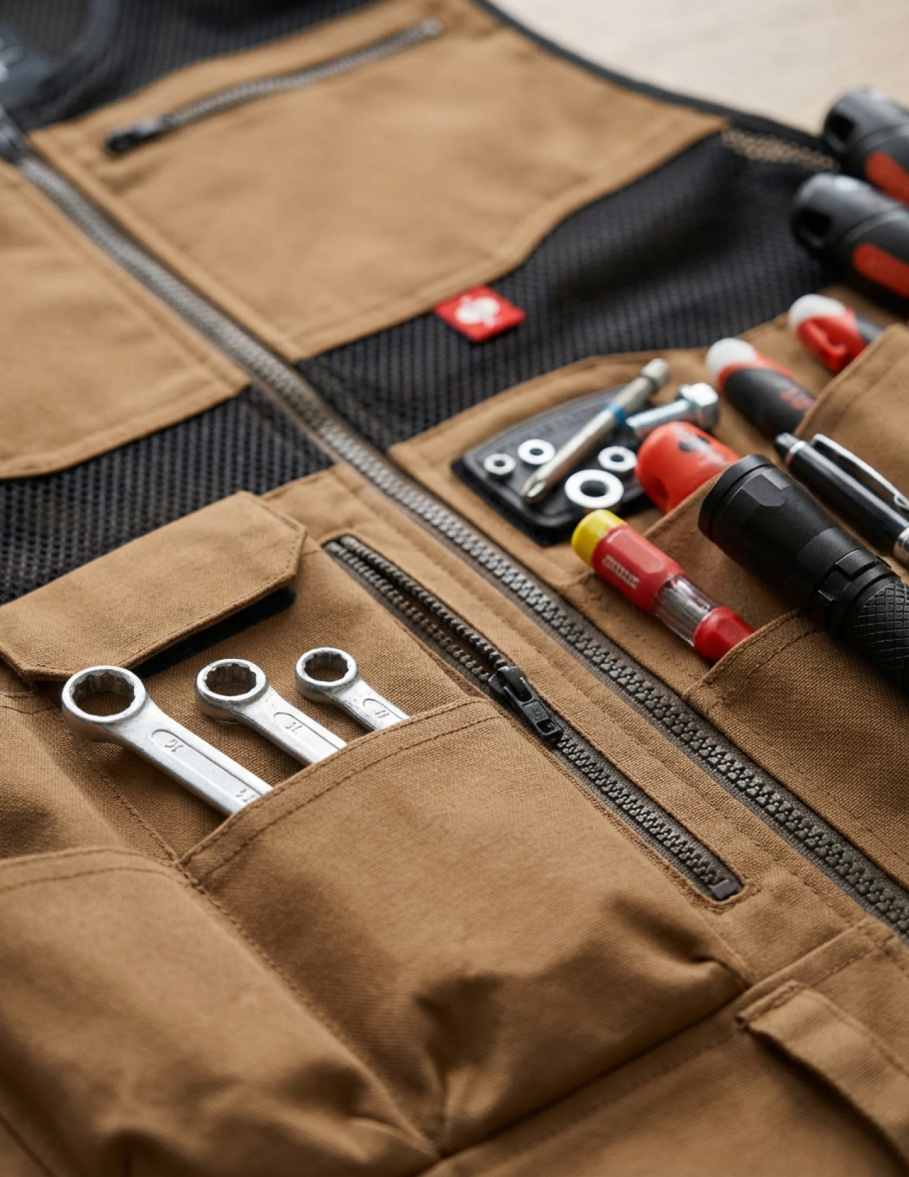Brown tool vest with tools and equipment inside