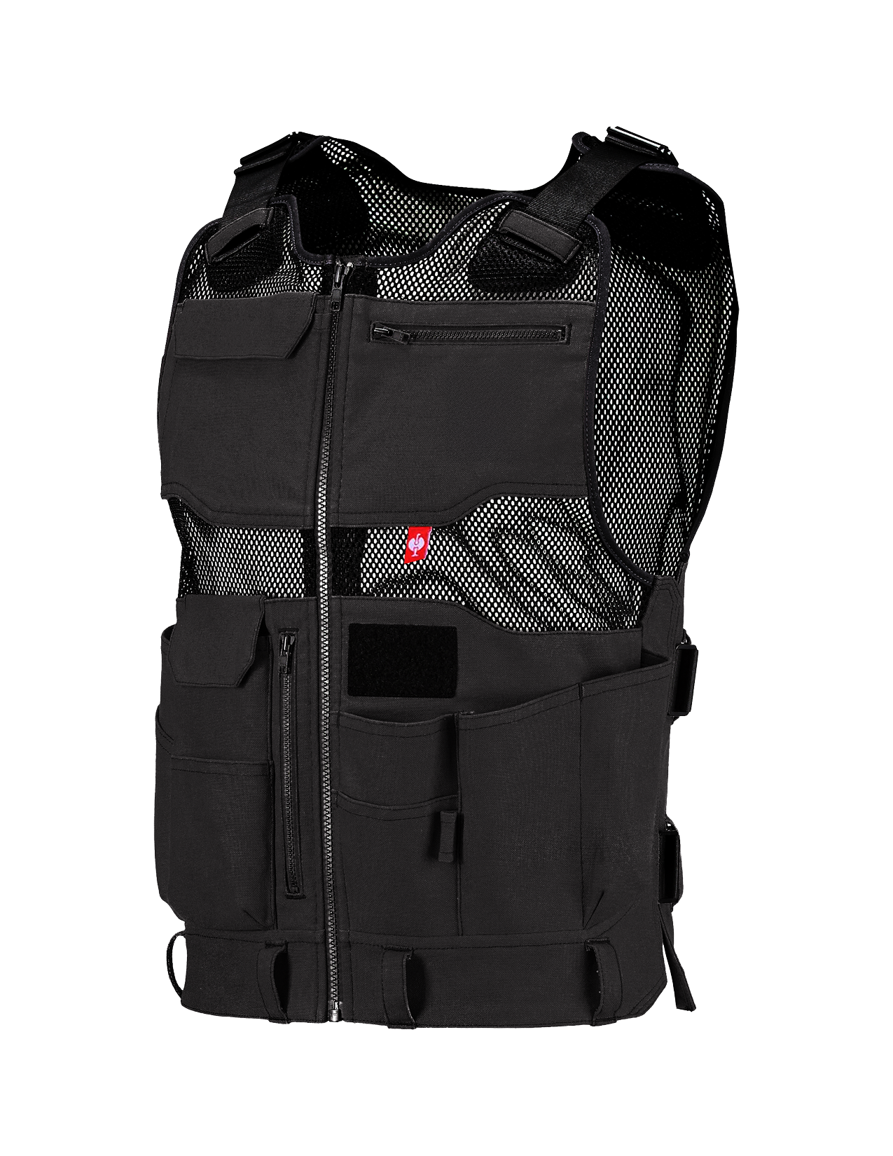 Black tool vest with multiple pockets and a visible brand logo on a white background