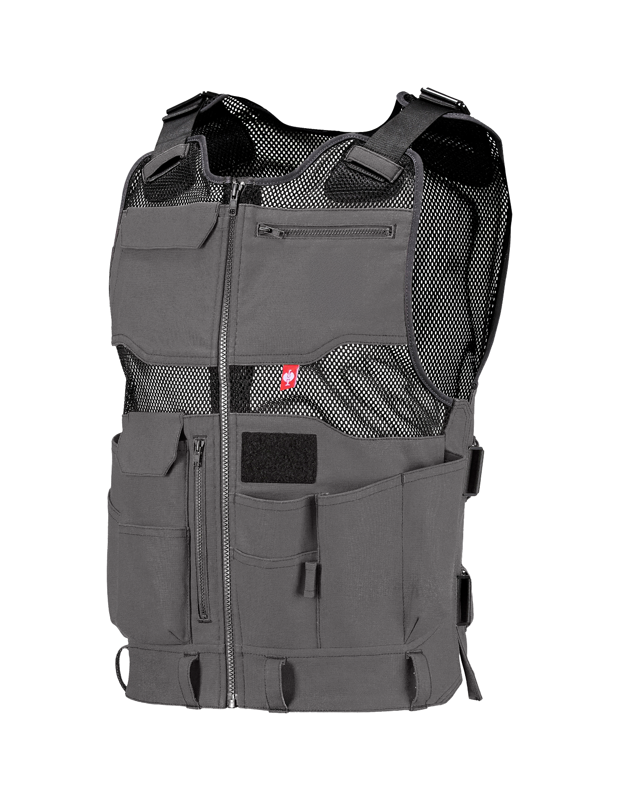 Gray tactical vest with multiple pockets and a visible brand logo on a white background