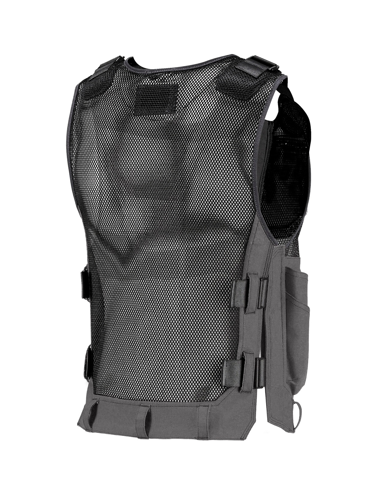 grey tactical vest with mesh design on a white background